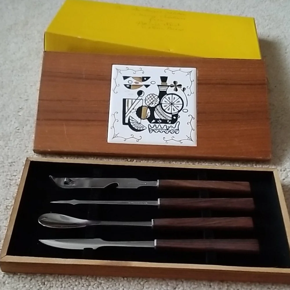Mid Century Modern Teak & Stainless 4-PC Bar Tool